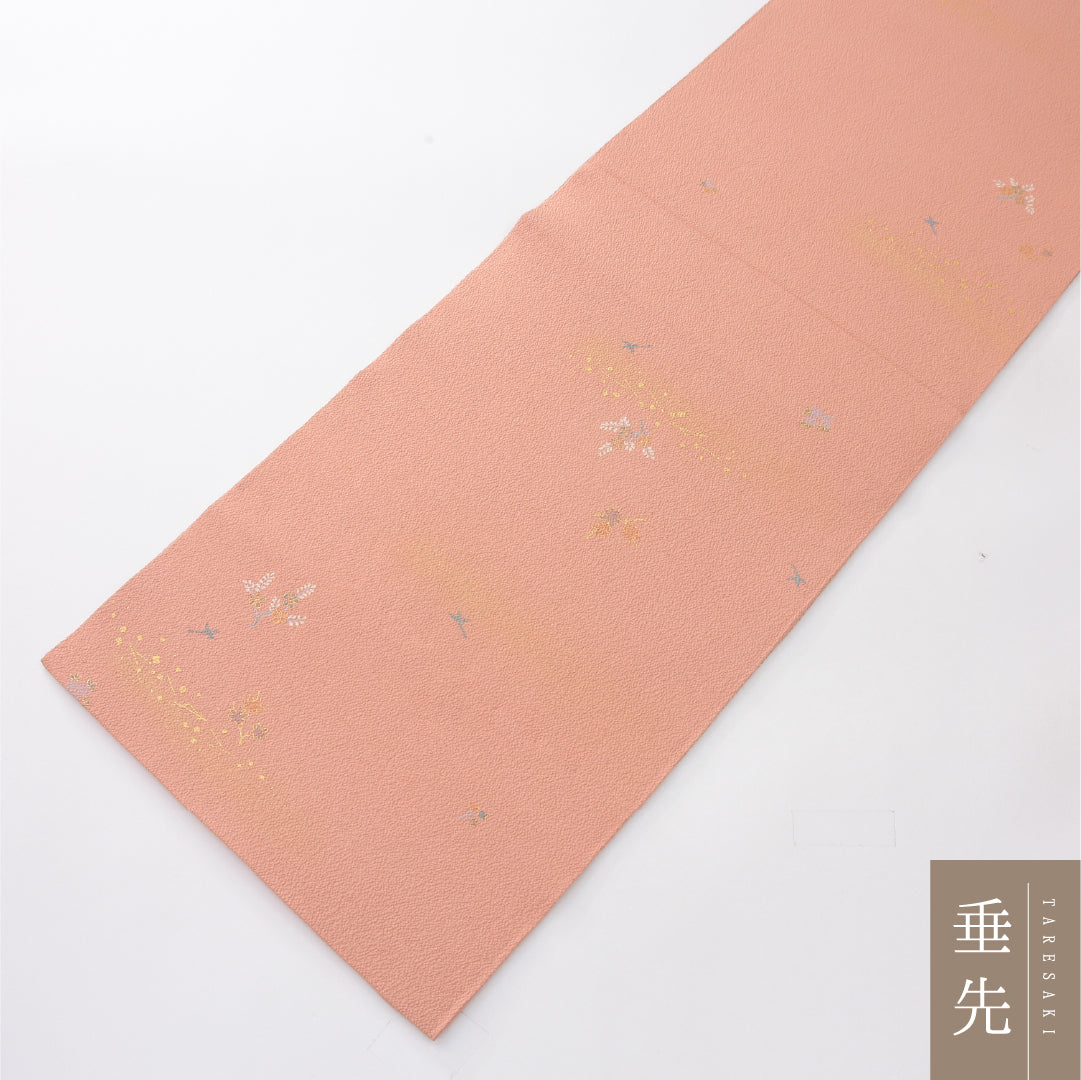 九寸名古屋帯 Aランク 帯丈336cm 正絹 全通 開き仕立て 染め インフォーマル ちりめん 花柄 朱の混ざったピンク系 RP 1245-04106