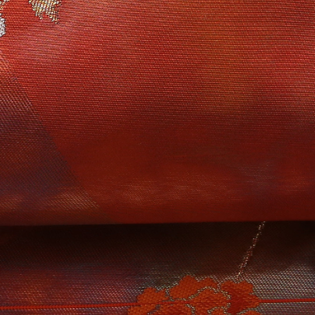 九寸名古屋帯 帯丈364cm インフォーマル 名古屋仕立て 六通 Dランク 正絹 牡丹 朱系 1224-03473