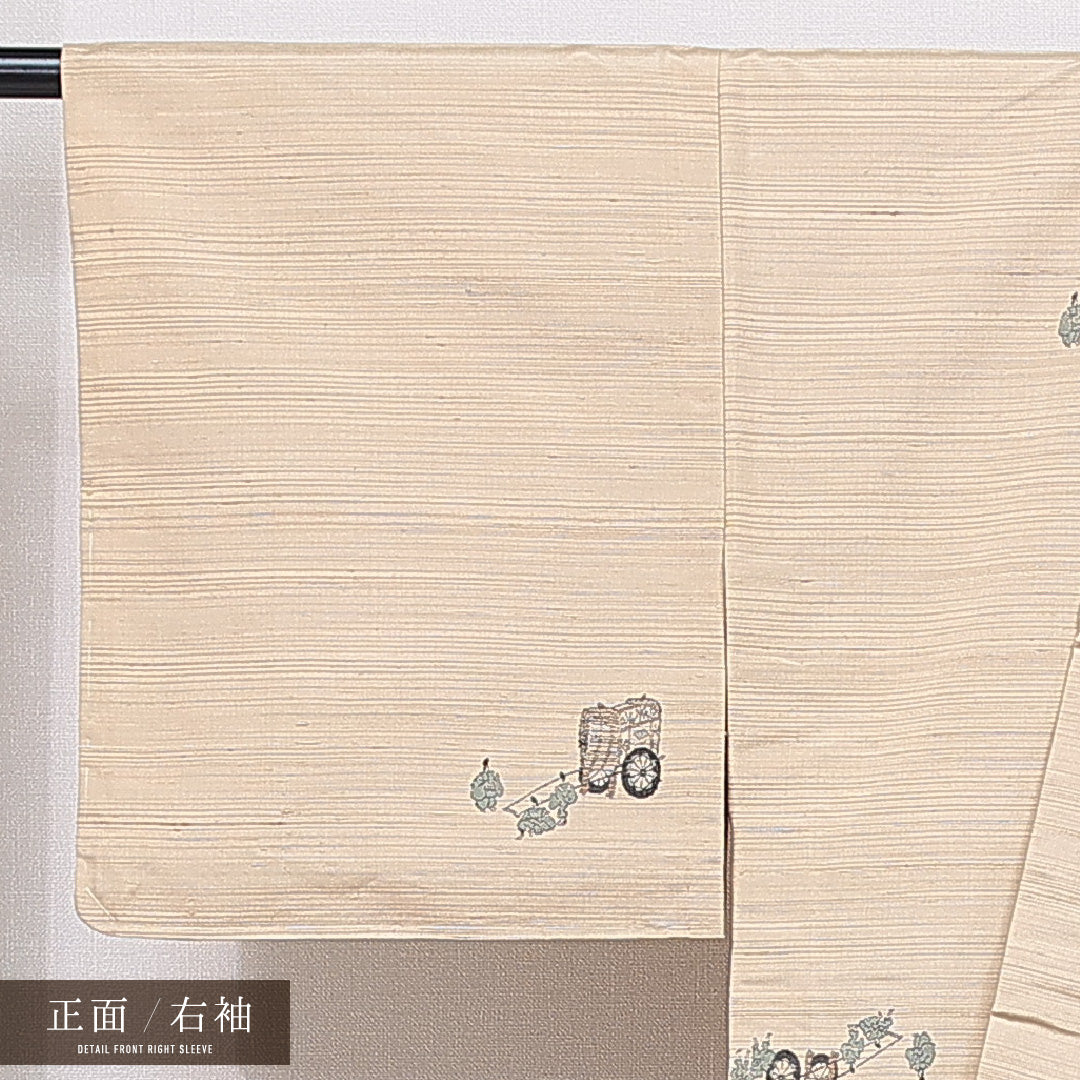 紬 単衣 身丈161cm 裄丈64cm 正絹 Aランク カジュアル 広衿 Lサイズ 肩当て 御所車 人物 ベージュ系 RP 1223-15534