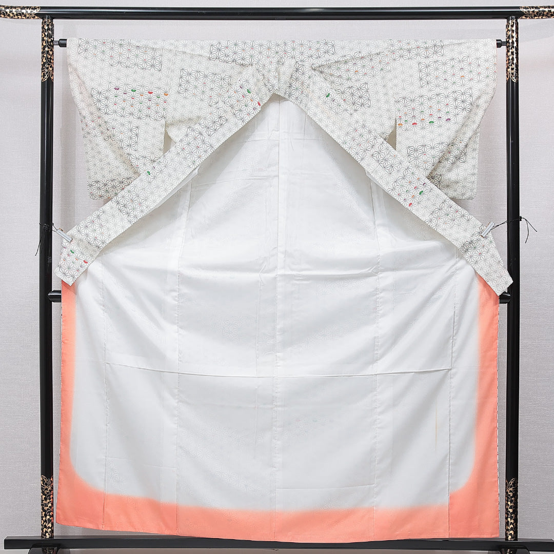 小紋 洗える着物 袷 身丈162cm 裄丈63cm ポリエステル Bランク Lサイズ 広衿 インフォーマル 麻の葉 白系 1215-15798