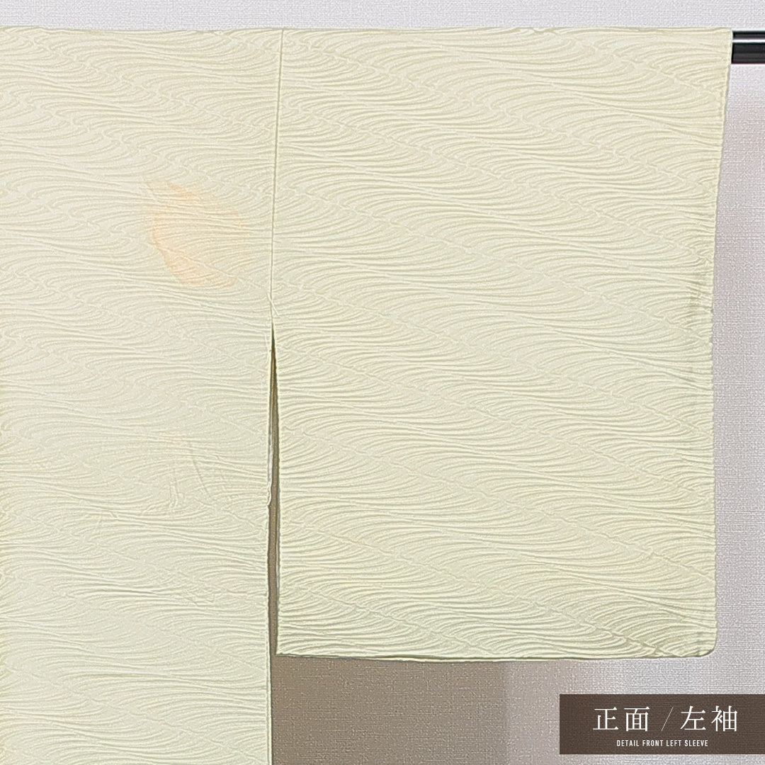 色無地 袷 身丈163cm 裄丈65cm 正絹 Cランク 一つ紋 (丸に五三桐) 紋意匠 (流水) セミフォーマル 広衿 Lサイズ 緑系 HP 1219-16727