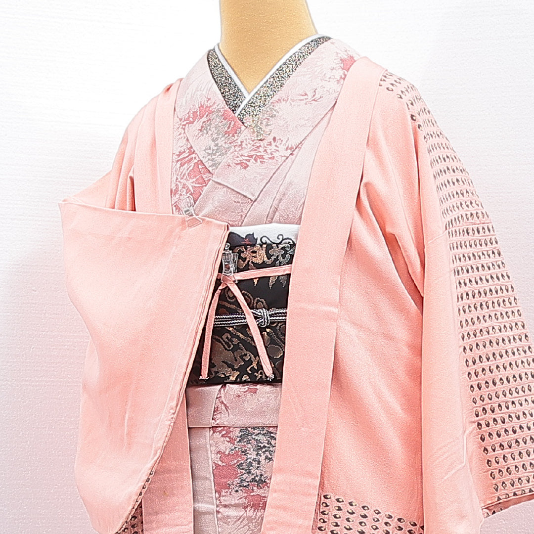 羽織 袷 身丈74cm 裄丈64cm 正絹 Sランク カジュアル Mサイズ 紐あり 創作柄 ピンク系 RP 1232-16793