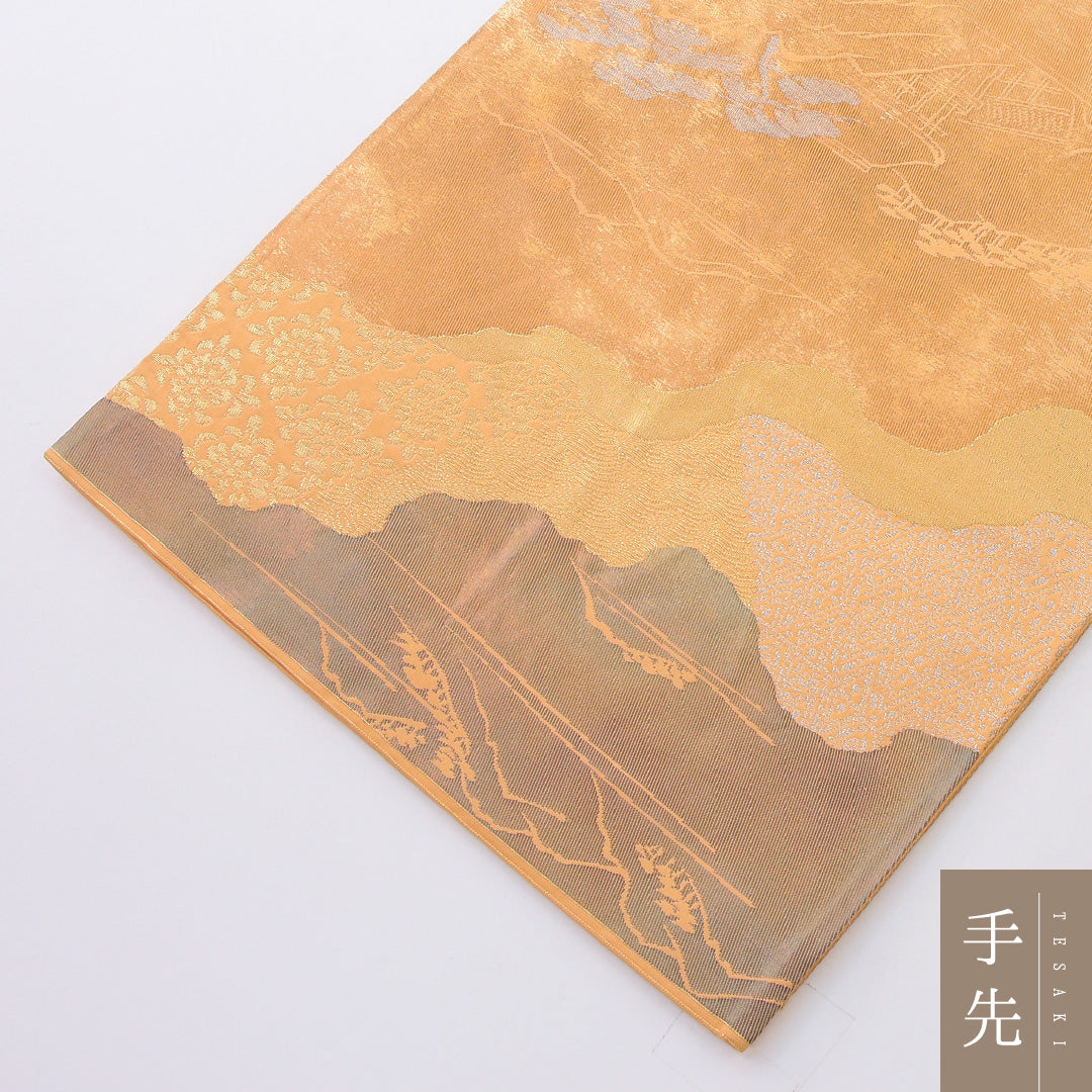 袋帯 帯丈422cm 正絹 六通 フォーマル 楼閣 道長取り 山水 朱系 クリーム系 1243-02189