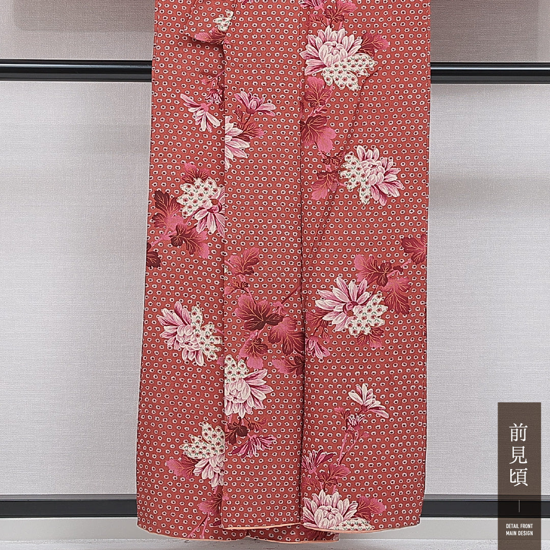 アンティーク 小紋 袷 身丈153cm 裄丈62cm 正絹 Aランク バチ衿 Sサイズ 菊 朱系 M4 1221-15965