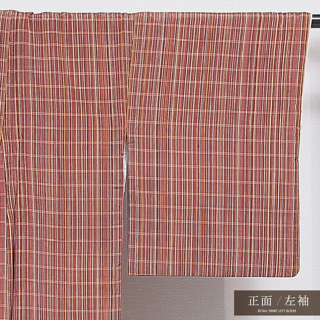 紬 袷 身丈148cm 裄丈64cm 正絹 Aランク カジュアル バチ衿 XSサイズ 格子 茶系 RP 1223-16214