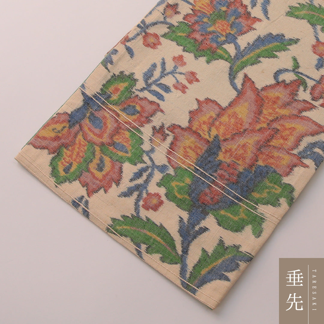 袋帯 帯丈428cm セミフォーマル 全通 Cランク 正絹 植物柄 クリーム系 1223-01882