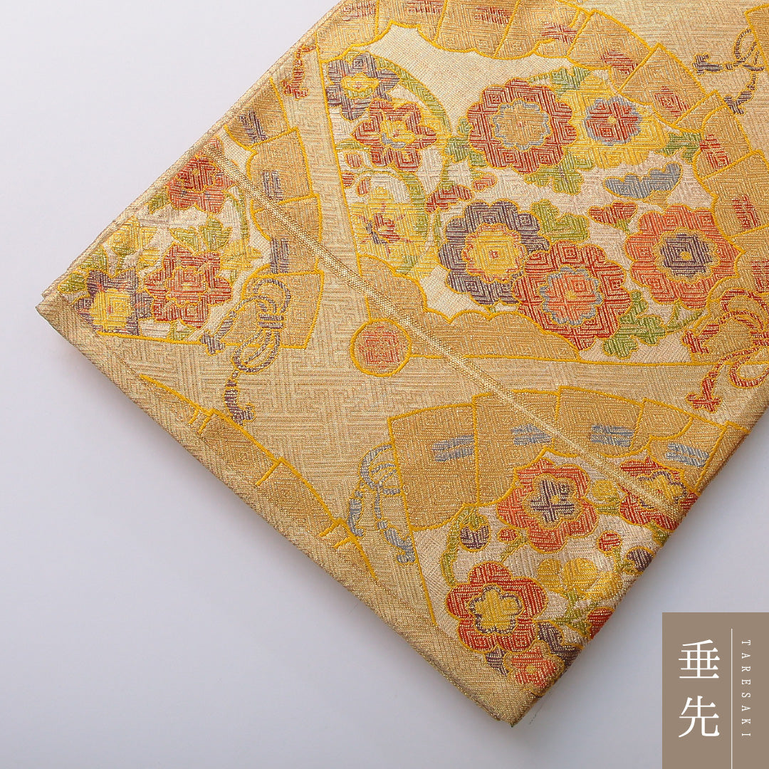 袋帯 帯丈424cm 正絹 六通 フォーマル 佐賀錦 檜扇 吉祥文様 金系 1243-02019