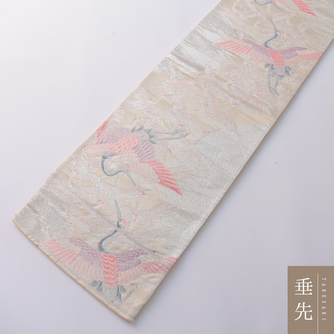 袋帯 帯丈432cm 正絹 六通 フォーマル 琳派 鶴 白系 銀系 1243-01947