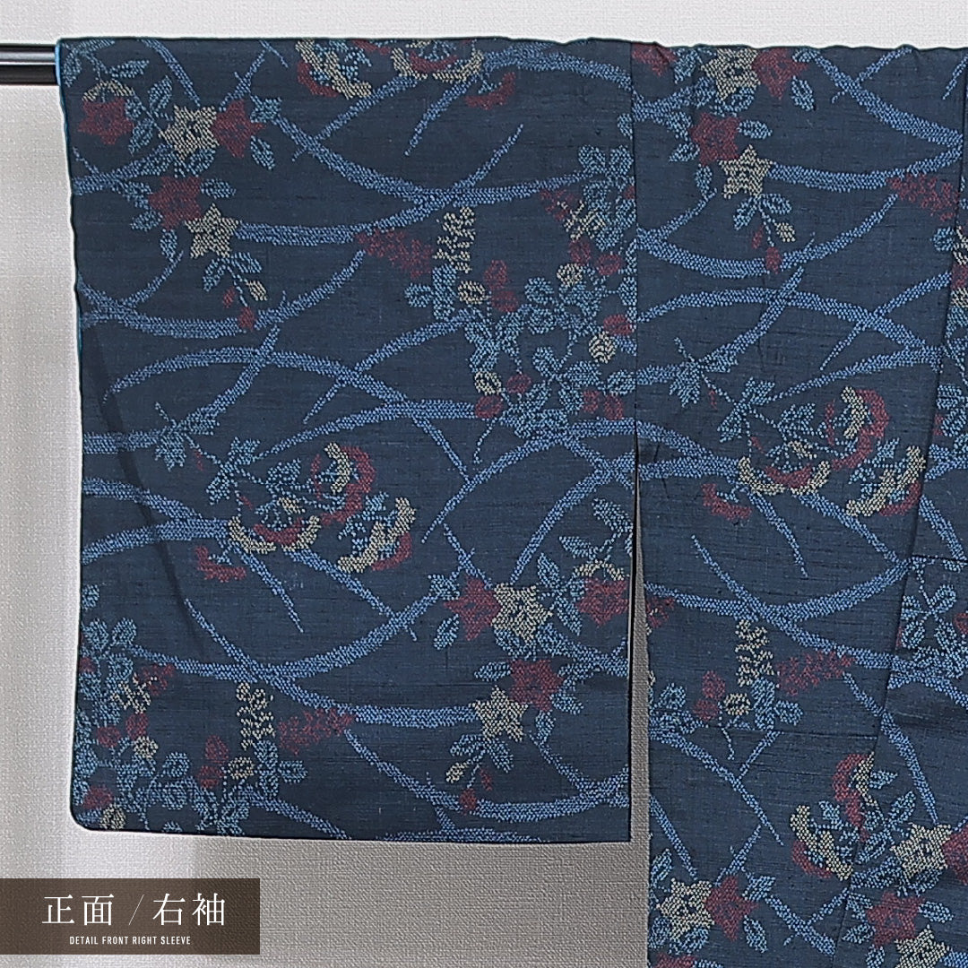 紬 袷 身丈165cm 裄丈67cm 正絹 Aランク カジュアル 広衿 XLサイズ 鉄線 素朴 可愛らしい 紺系 RP 1223-15775