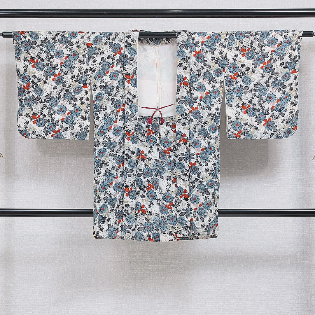 羽織 袷 身丈89cm 裄丈63cm 正絹 Bランク Sサイズ カジュアル 紐あり 菊 白系 多色系 1217-16157