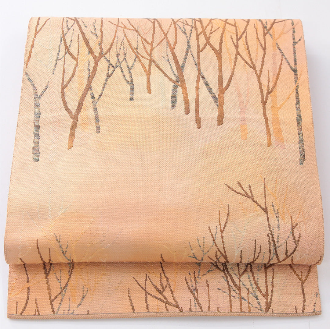 八寸名古屋帯 帯丈356cm カジュアル 開き仕立て 六通 Cランク 正絹 木立 ベージュ系 1224-04057