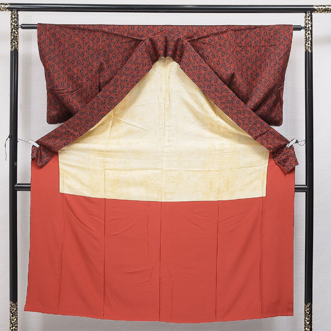 小紋 袷 身丈152cm 裄丈61cm 正絹 Cランク インフォーマル 広衿 Sサイズ 麻の葉 赤系 LP 1221-16418