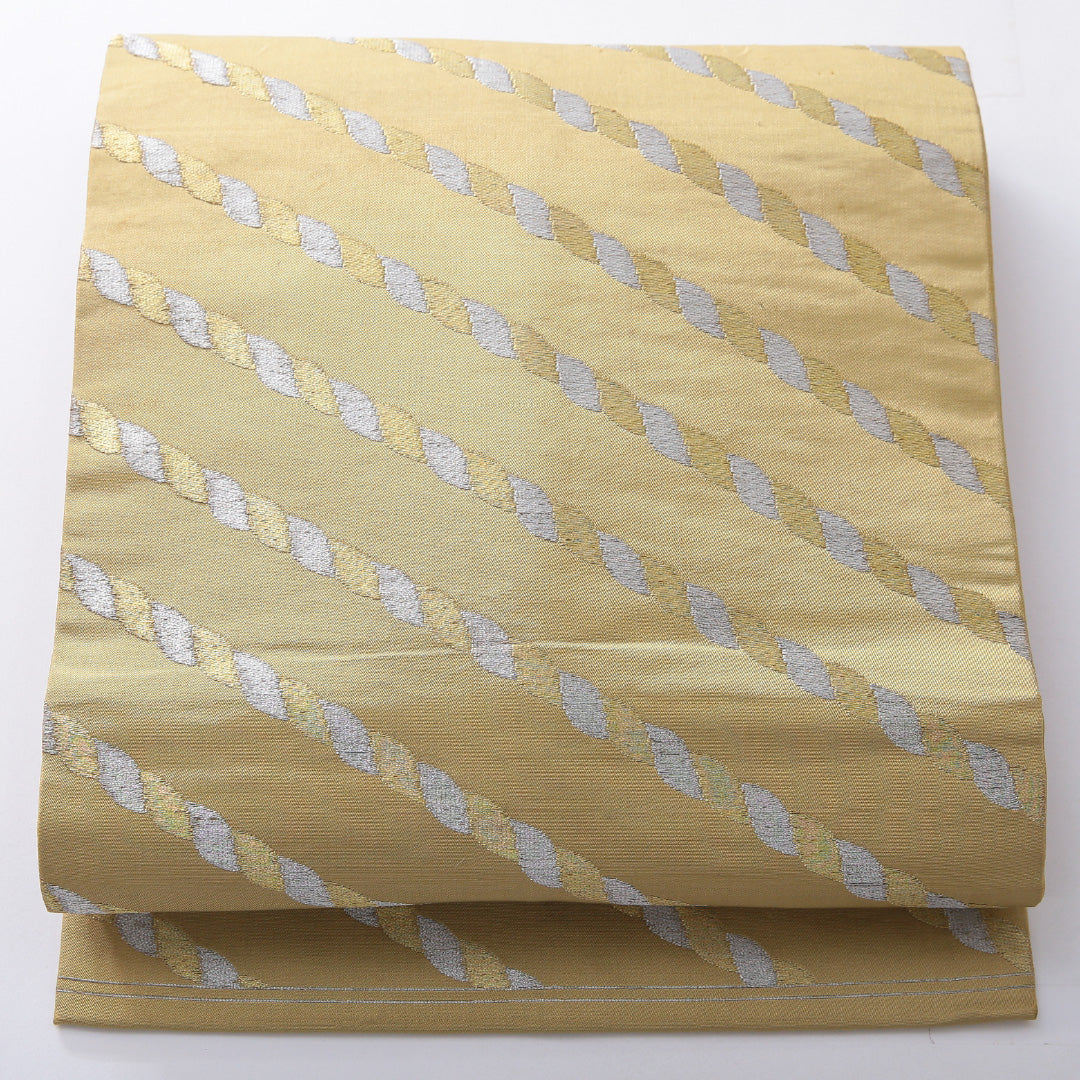 九寸名古屋帯 帯丈347cm インフォーマル 名古屋仕立て 六通 Cランク 正絹 創作柄 黄系 緑系 1224-03948