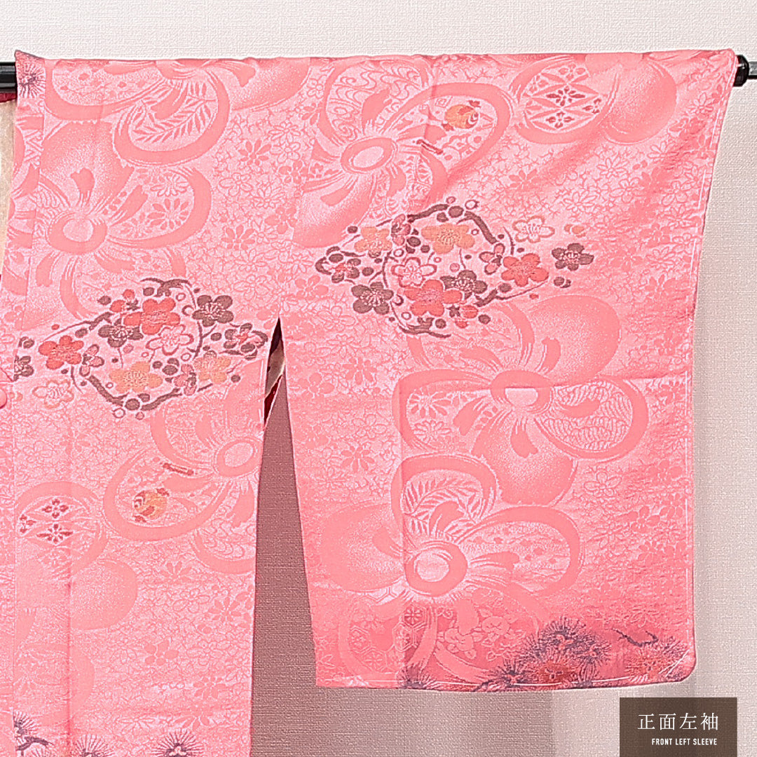 アンティーク 道行コート（お召） 袷 身丈98cm 裄丈65cm 正絹 Bランク Mサイズ ポケットあり 梅 ピンク系 1263-15276