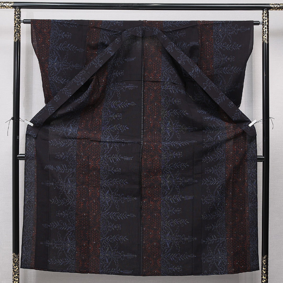 紬 単衣 身丈155cm 裄丈62cm 正絹 Sランク Mサイズ バチ衿 カジュアル 創作柄 茶系 1216-15666