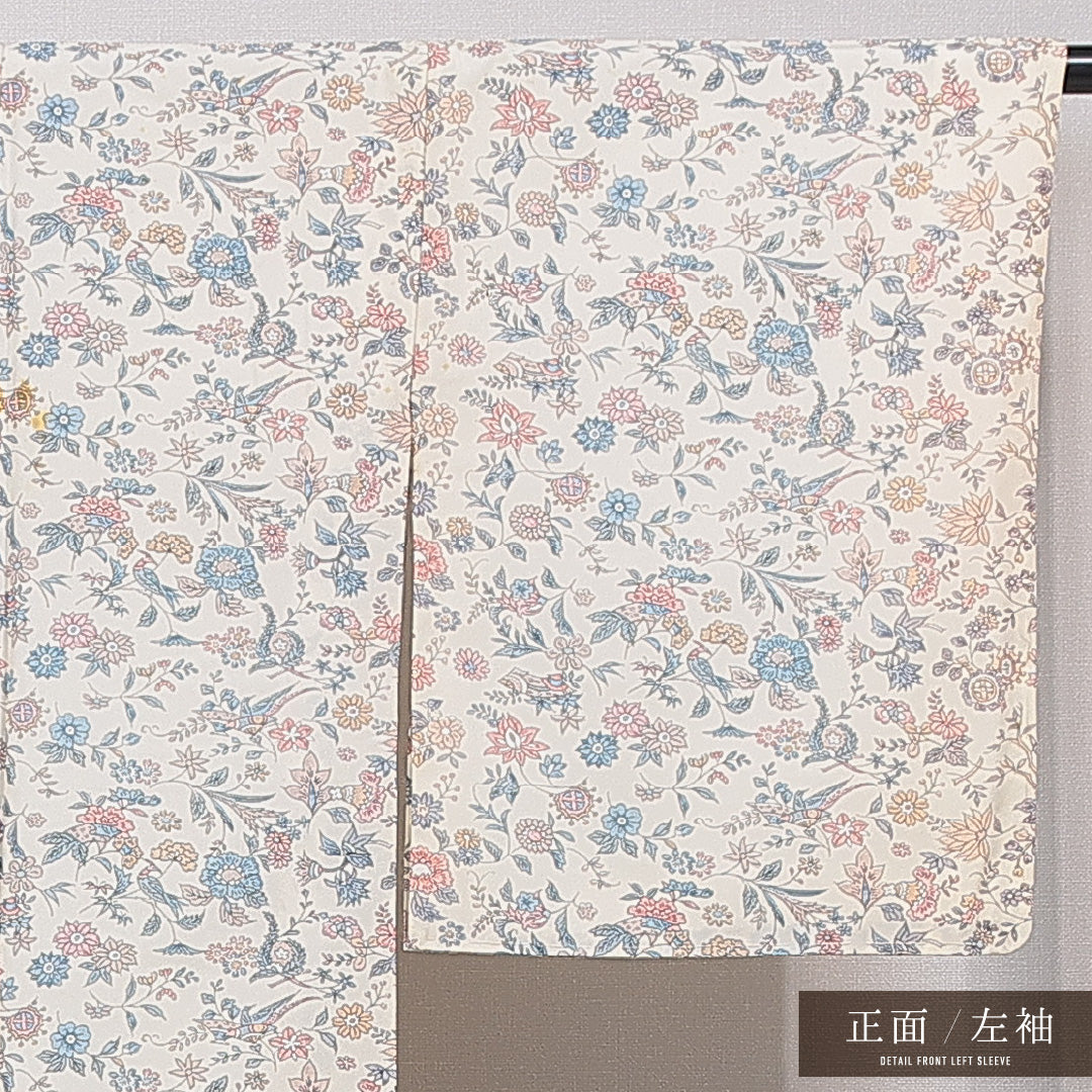 小紋 洗える着物 袷 身丈158cm 裄丈63cm ポリエステル Cランク Mサイズ 広衿 インフォーマル 菊 クリーム系 1215-15810