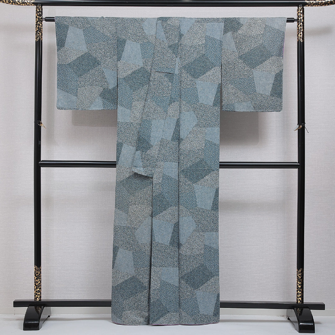 洗える着物 小紋 袷 身丈161cm 裄丈60cm ポリエステル Sランク インフォーマル 広衿 Lサイズ 青系 RP 1221-16032
