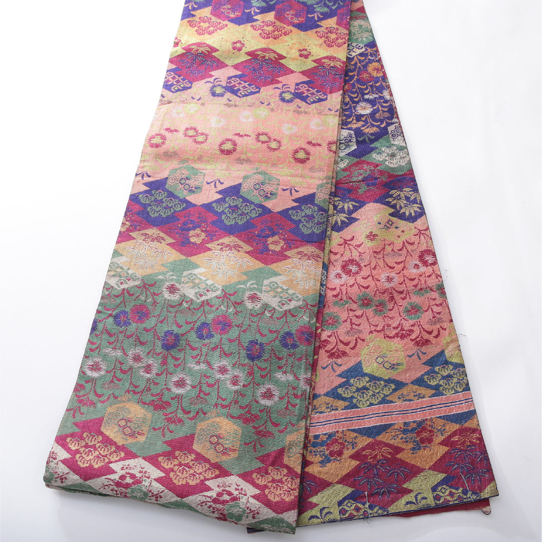 アンティーク 九寸名古屋帯 帯丈376cm 開き仕立て 全通 Dランク 正絹 蒲公英 吉祥文様 多色系 1224-03884