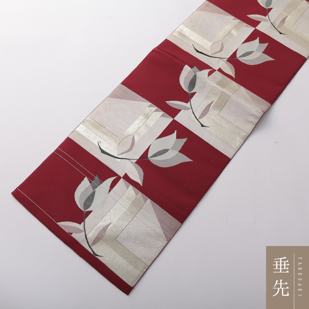 八寸名古屋帯 帯丈352cm セミフォーマル 名古屋仕立て 六通 帯芯なし Cランク 正絹 チューリップ 赤系 1224-03574