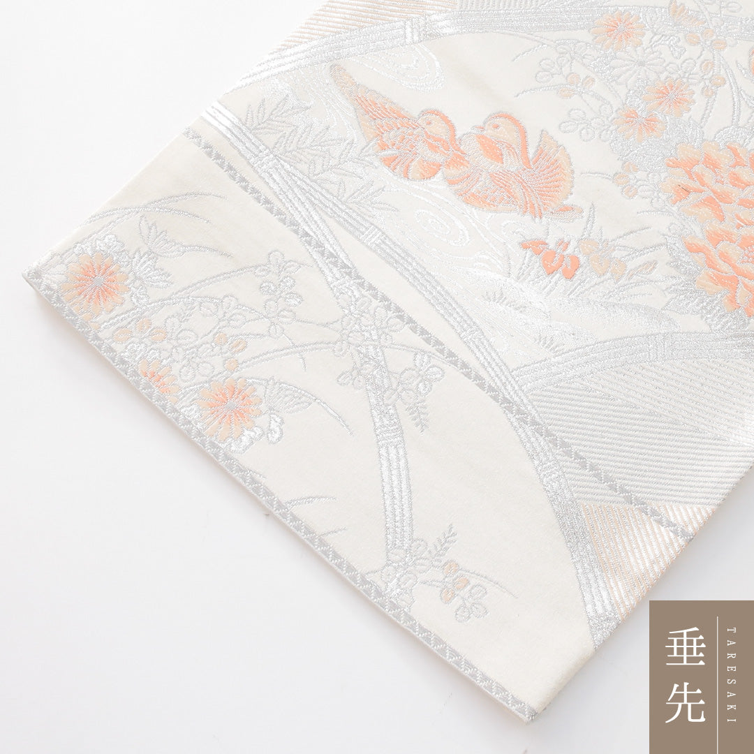 袋帯 帯丈416cm フォーマル 六通 帯芯なし Sランク 正絹 鳳凰 牡丹 クリーム系 1223-02284