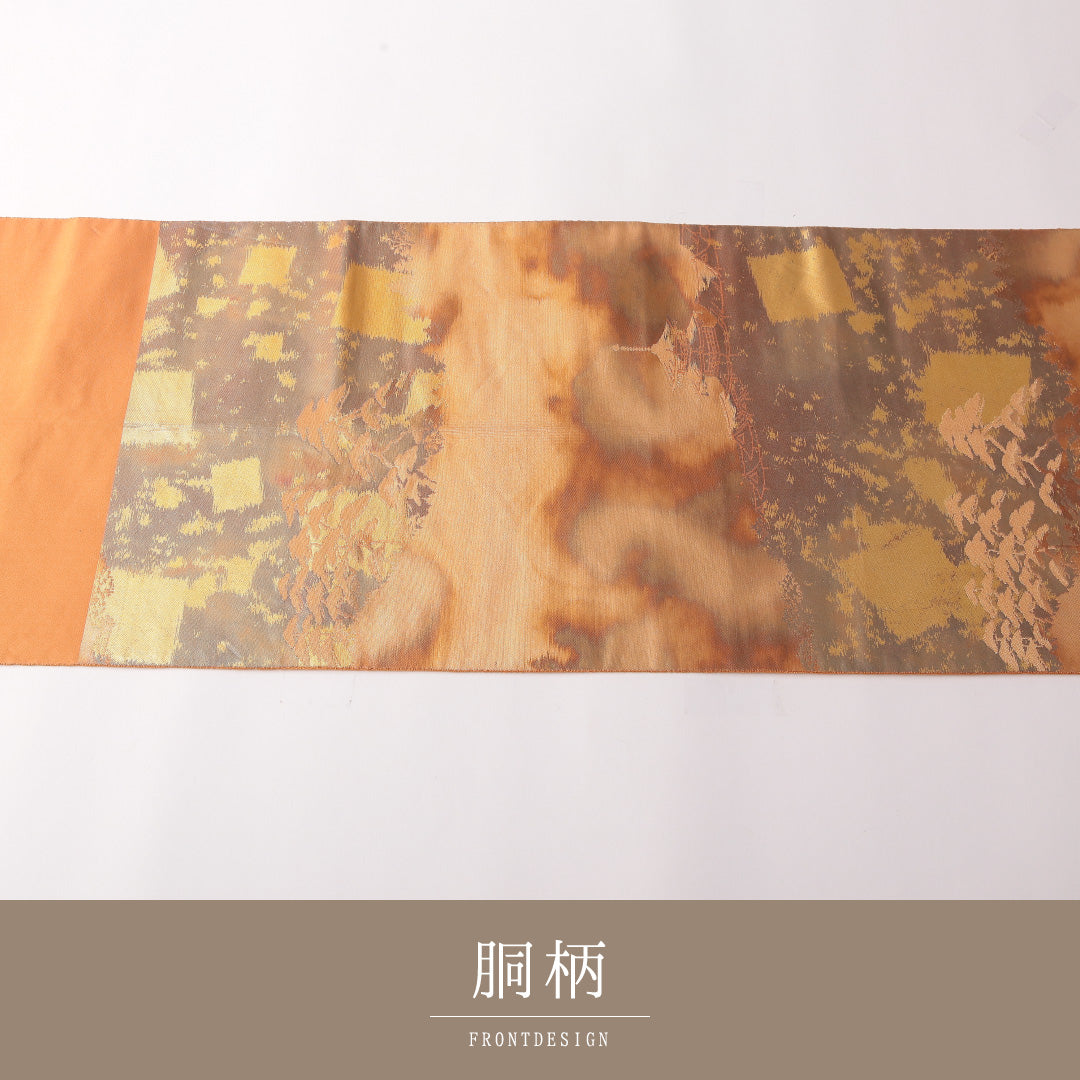 袋帯 帯丈436cm 正絹 六通 セミフォーマル こはく錦 京洛百景 朱系 金系 1243-01766