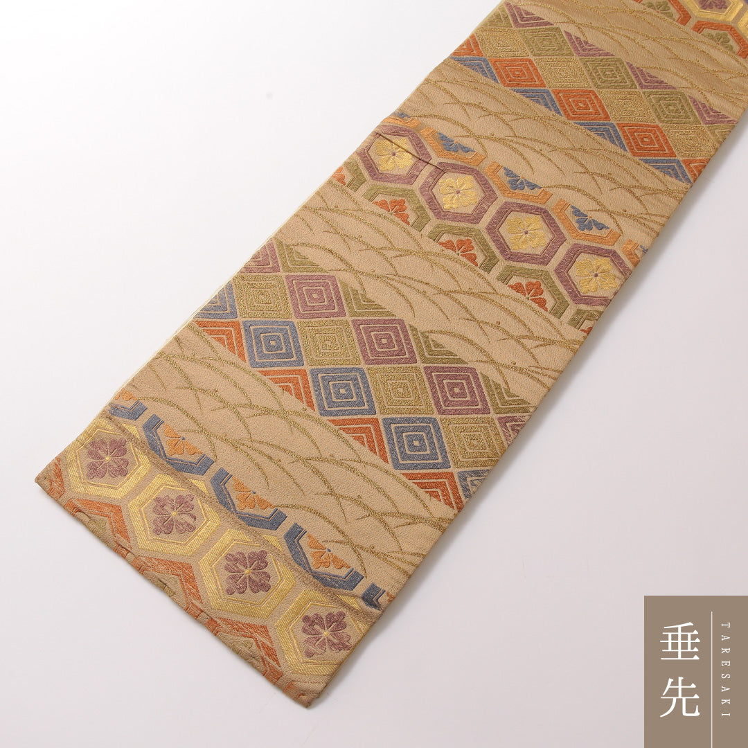 袋帯 帯丈400cm 正絹 六通 セミフォーマル 花菱亀甲 芝草 茶系 黄系 1243-01868