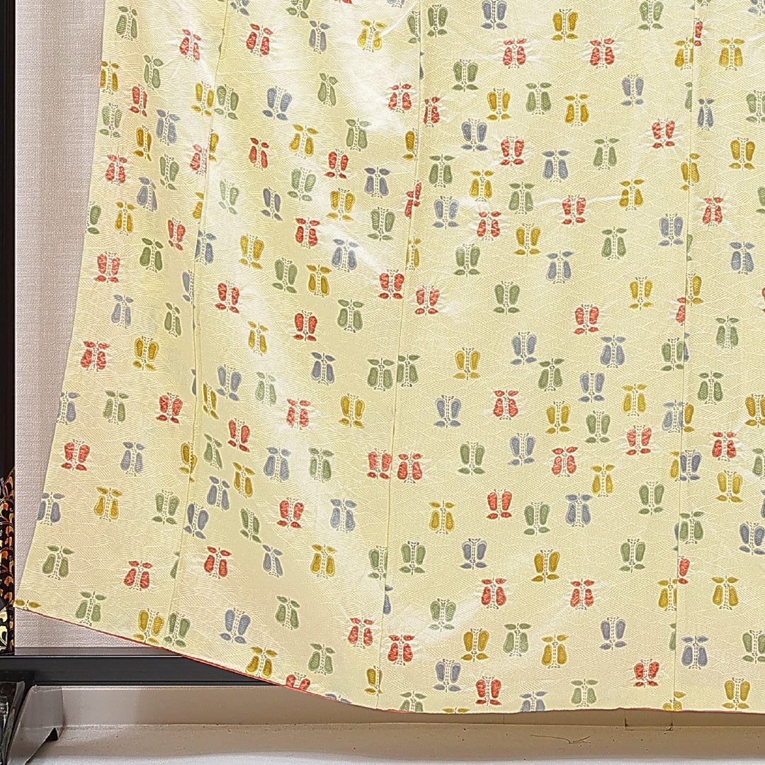 小紋 袷 身丈158cm 裄丈64cm 正絹 Cランク インフォーマル 広衿 Mサイズ 花柄 黄系 HP 1221-15550