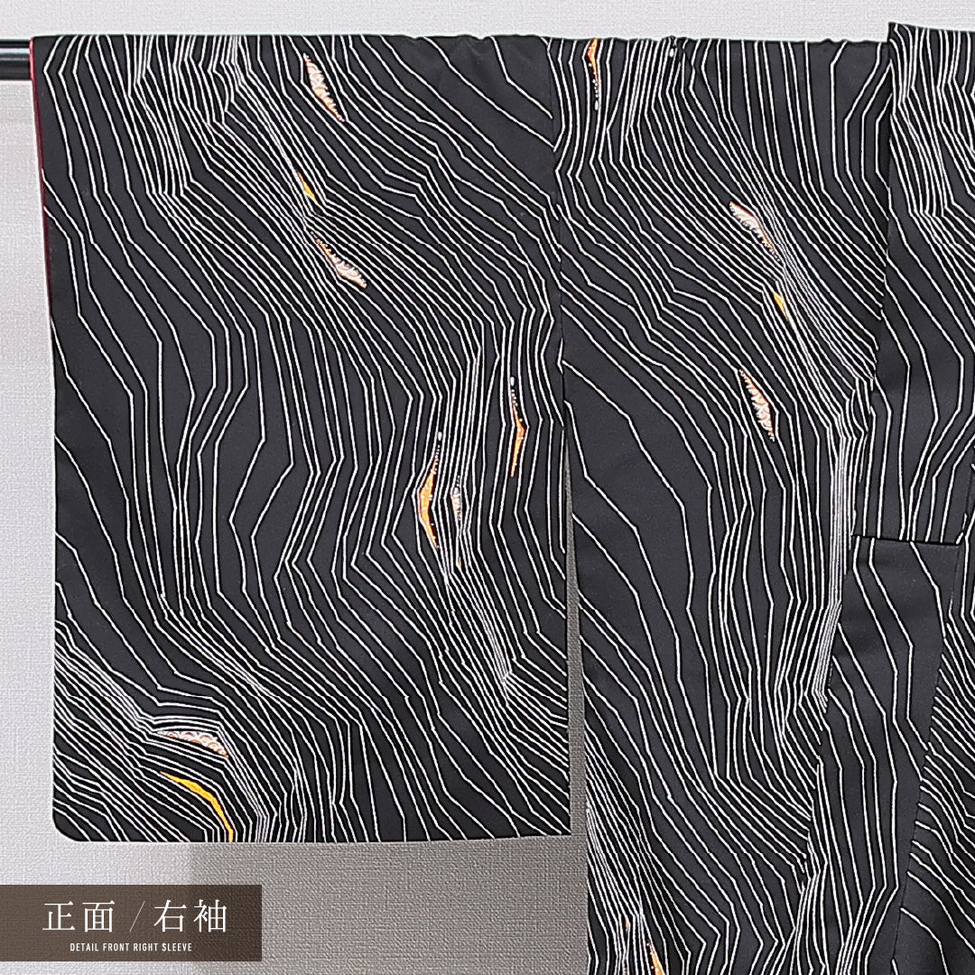 小紋 洗える着物 袷 身丈158cm 裄丈63cm ポリエステル Aランク Mサイズ バチ衿 インフォーマル 創作柄 黒系 1215-15803