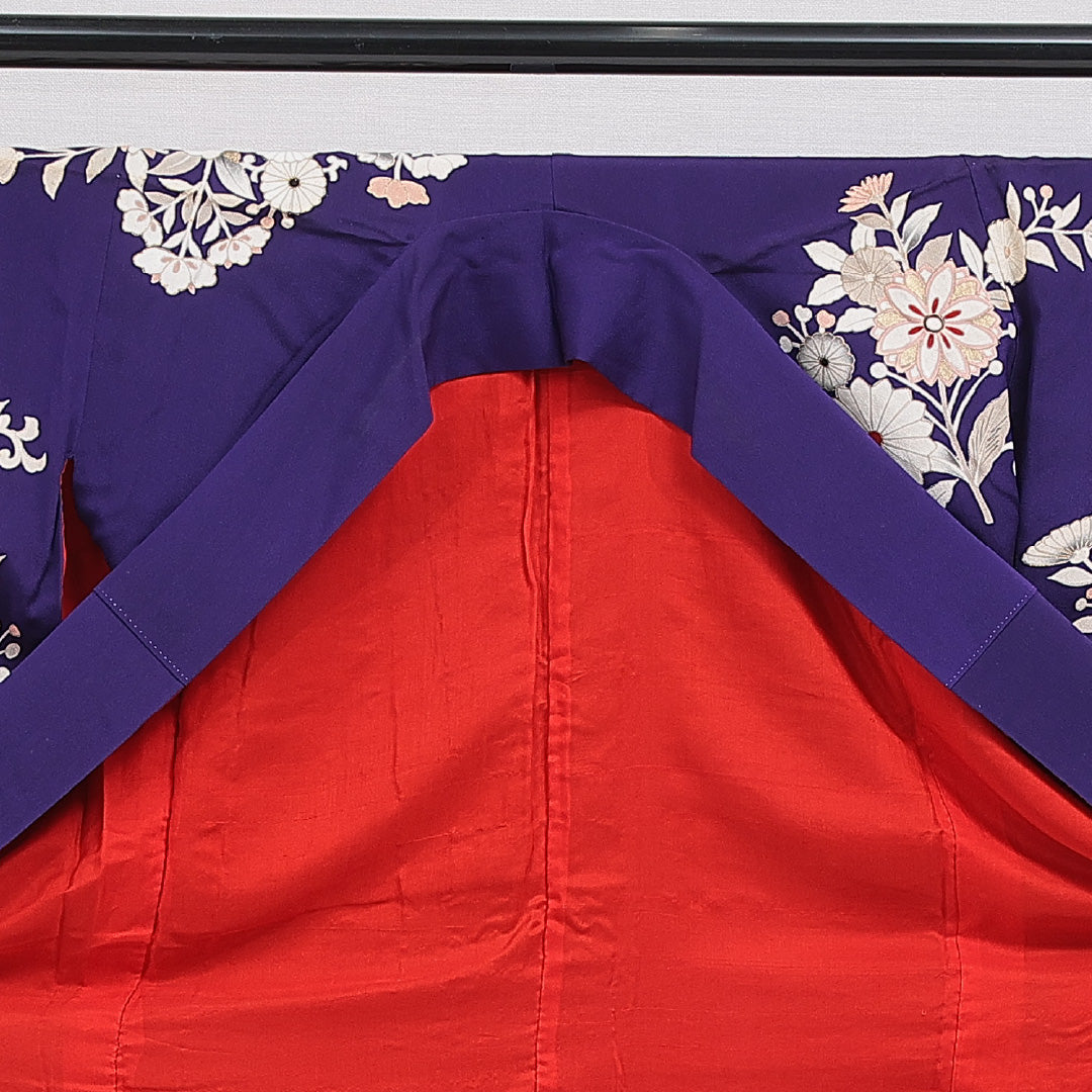 アンティーク 訪問着 袷 身丈156cm 裄丈61cm 正絹 Bランク Mサイズ 広衿 花柄 金彩 紫系 1212-15973