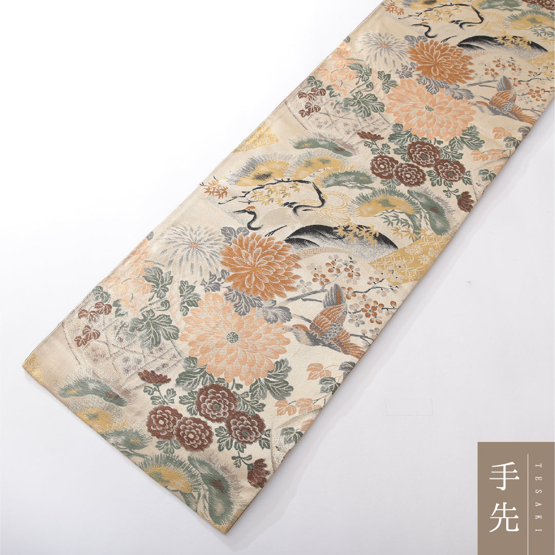 アンティーク 九寸名古屋帯 帯丈392cm 開き仕立て 全通 Aランク 正絹 鶴 菊 クリーム系 1224-03832