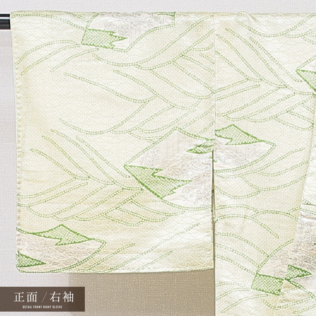 小紋 洗える着物 袷 身丈153cm 裄丈61cm ポリエステル Bランク Sサイズ 広衿 インフォーマル 古典柄 緑系 1215-15805