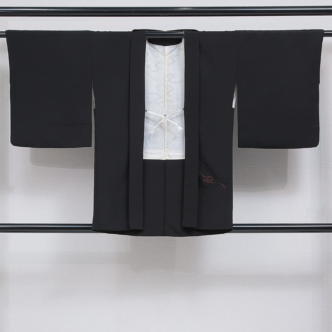 黒羽織 袷 身丈80cm 裄丈63cm 正絹 Aランク Sサイズ インフォーマル 紐あり 花車 絵羽羽織 黒系 1217-16154