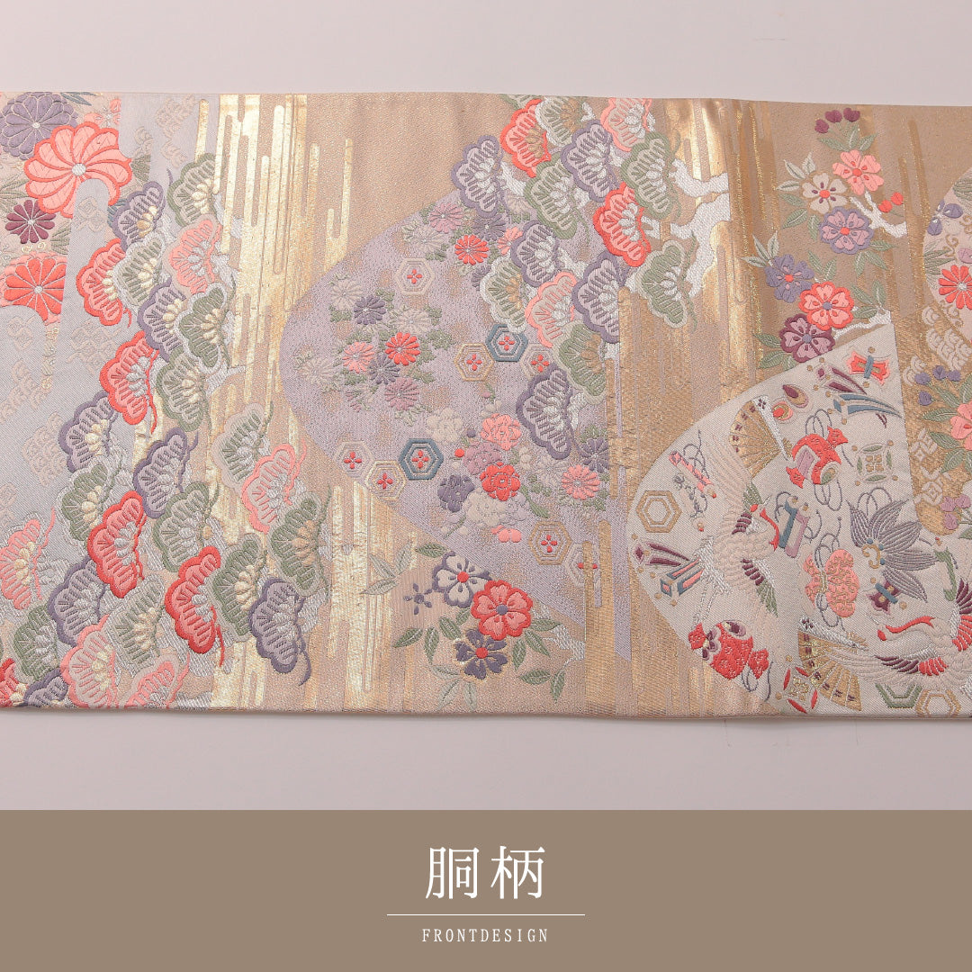 袋帯 帯丈444cm 正絹 六通 フォーマル 唐織 貝合わせ 吉祥文様 金系 白系 1243-01767