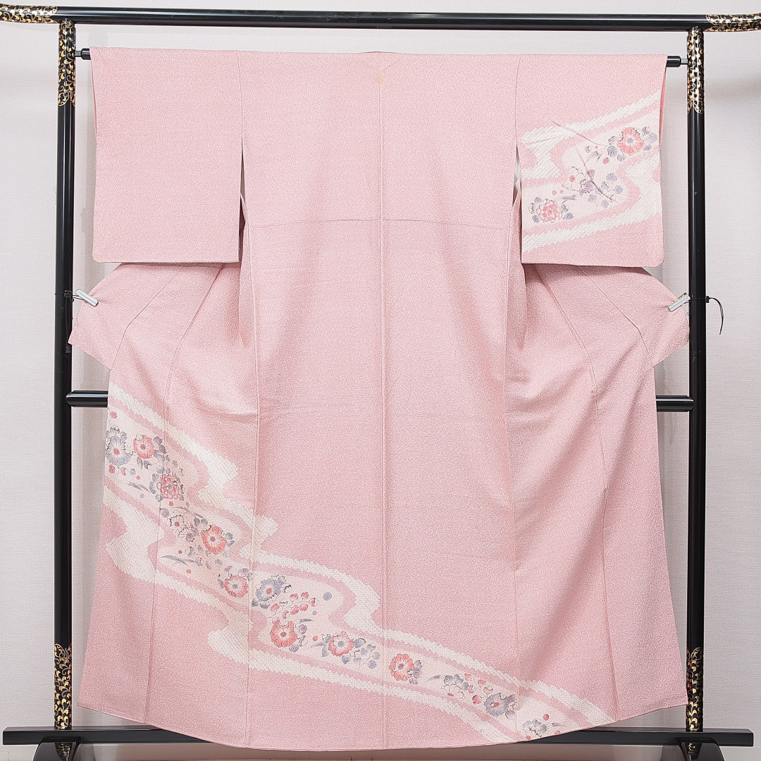 訪問着 袷 身丈157cm 裄丈63cm 正絹 Cランク Mサイズ 広衿 一つ紋 セミフォーマル 花柄 ピンク系 1212-15695