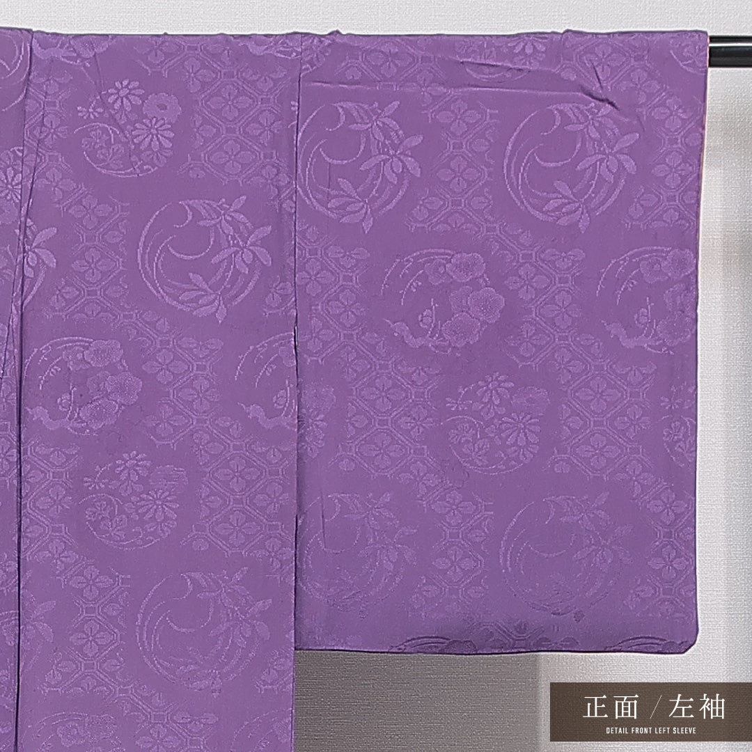 アンティーク 色無地 袷 身丈153cm 裄丈61cm 正絹 Aランク Sサイズ バチ衿 蜀江 菊 紫系 1214-15663