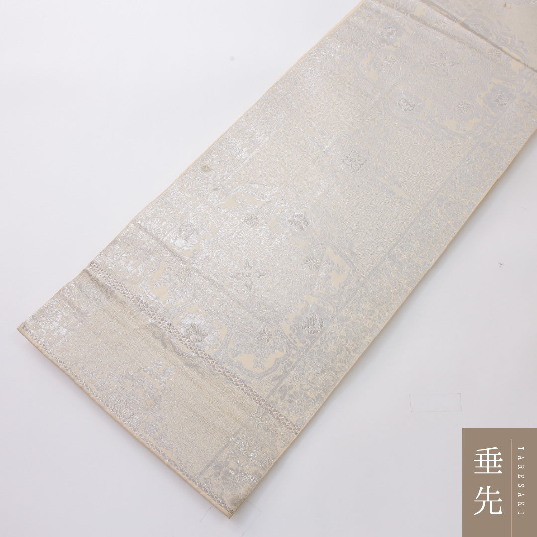袋帯 帯丈412cm フォーマル 六通 帯芯なし Cランク 正絹 宝相華 クリーム系 1223-02233