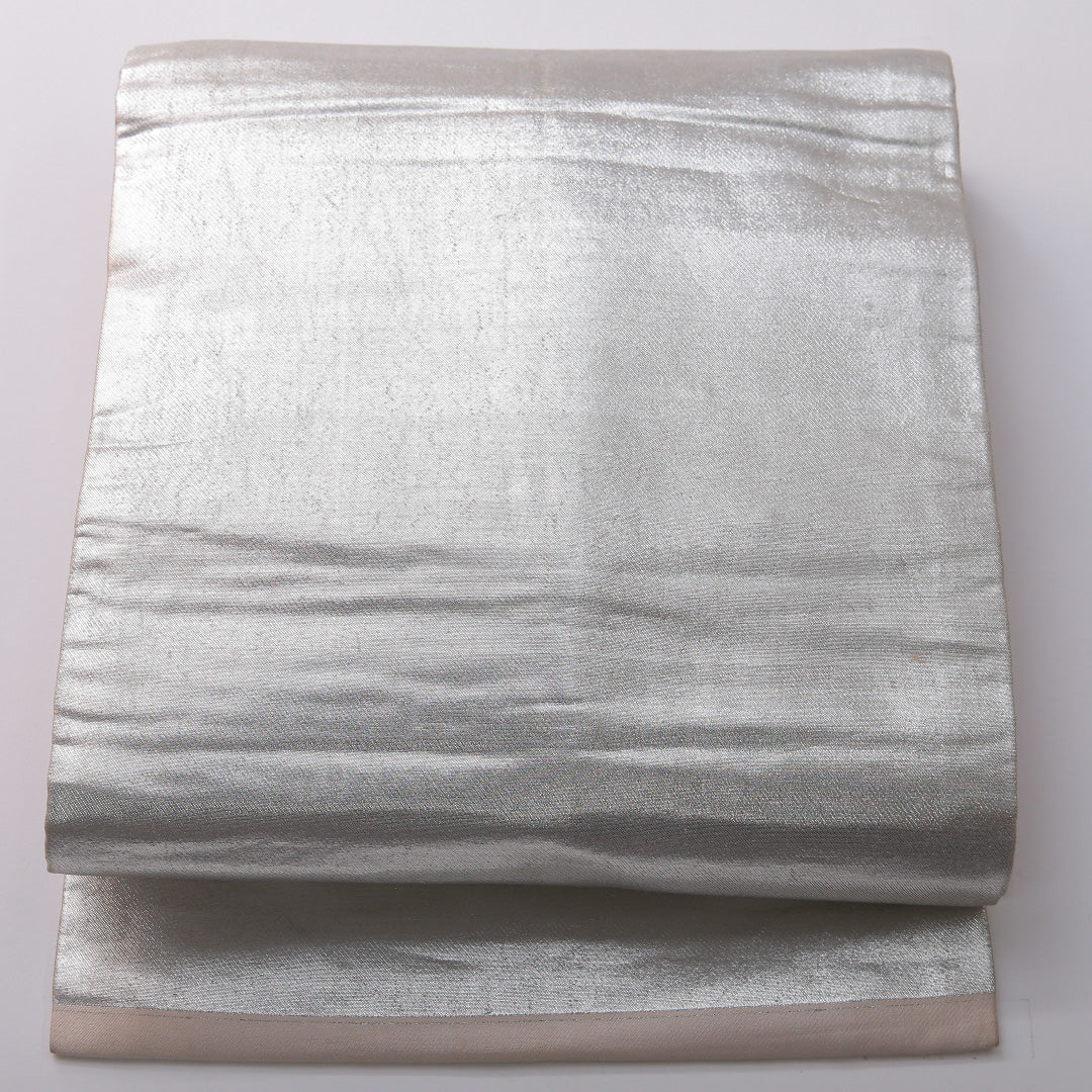 九寸名古屋帯 Cランク 帯丈336cm 正絹 六通 名古屋仕立て 織り インフォーマル 無地 銀系 RP 1245-03398