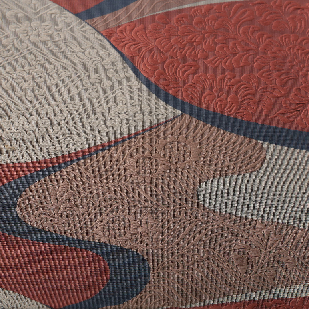 八寸名古屋帯 帯丈340cm セミフォーマル 松葉仕立て 六通 Cランク 正絹 流水 菊 金系 黒系 1224-03657