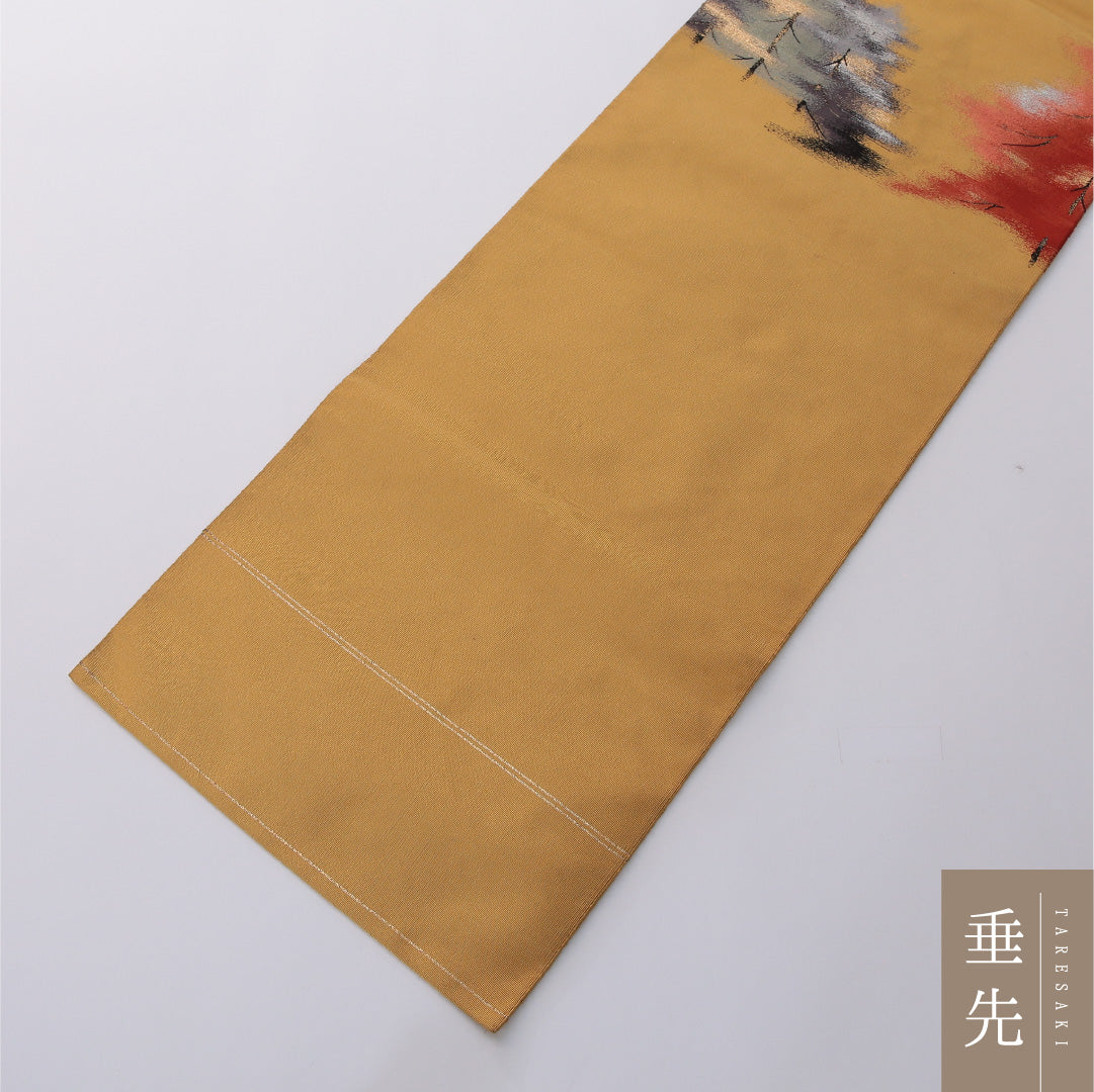 八寸名古屋帯 帯丈350cm セミフォーマル 松葉仕立て ポイント柄 Cランク 正絹 風景柄 黄系 茶系 1224-03286