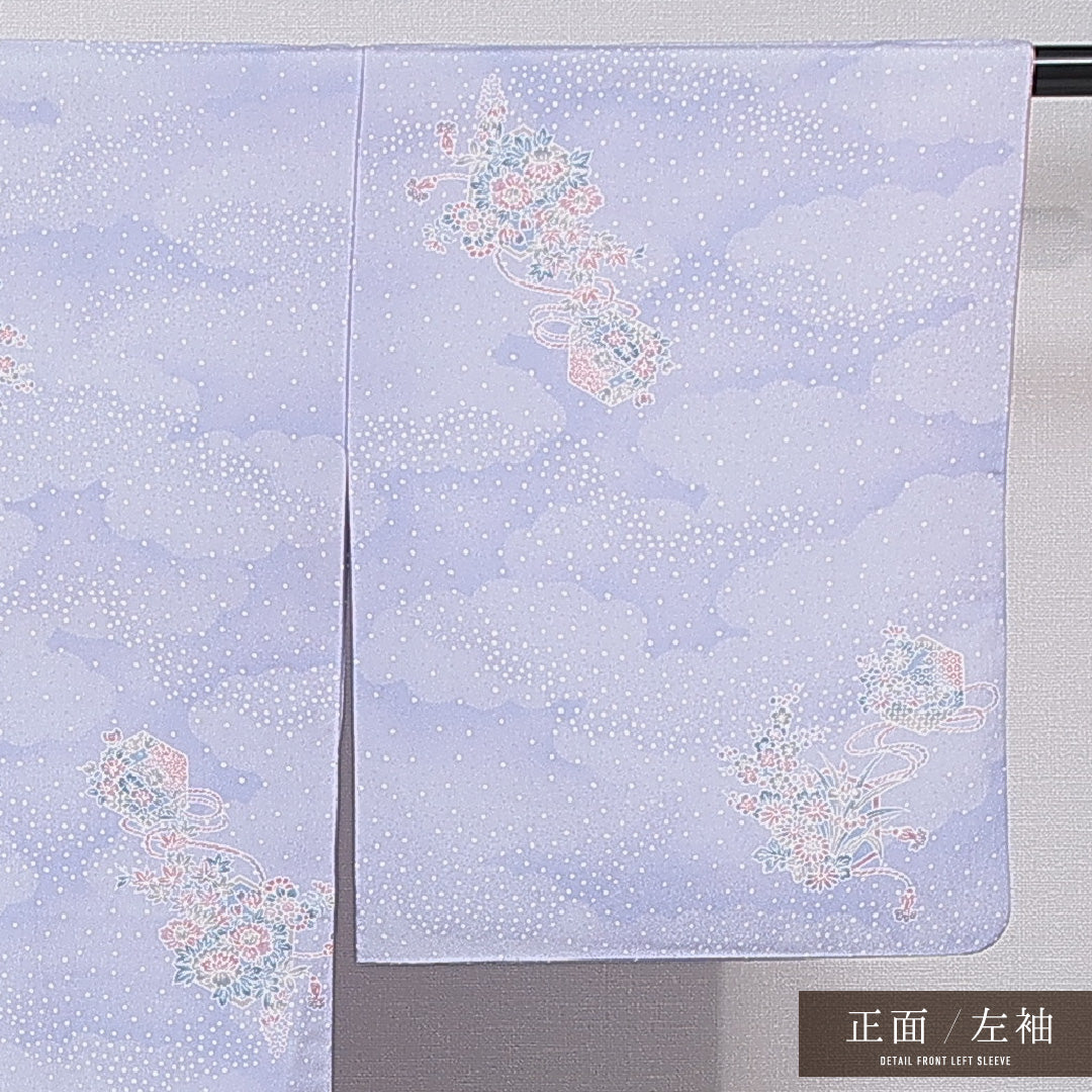 洗える着物 小紋 袷 身丈154cm 裄丈62cm ポリエステル Bランク インフォーマル バチ衿 Sサイズ 椿 吉祥文様 紫系 HP 1221-15848