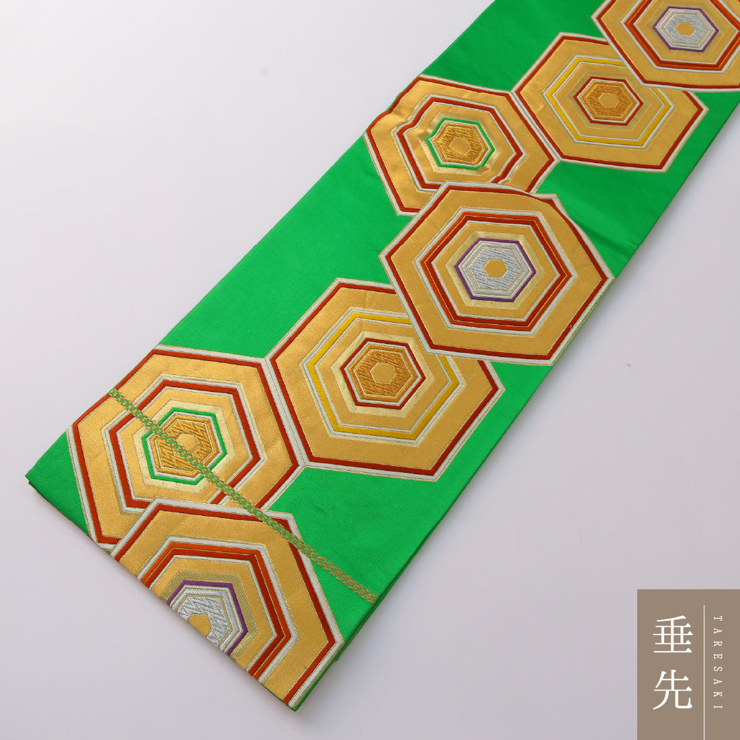 振袖用 袋帯 帯丈428cm 正絹 六通 亀甲 緑系 金系 1243-01927