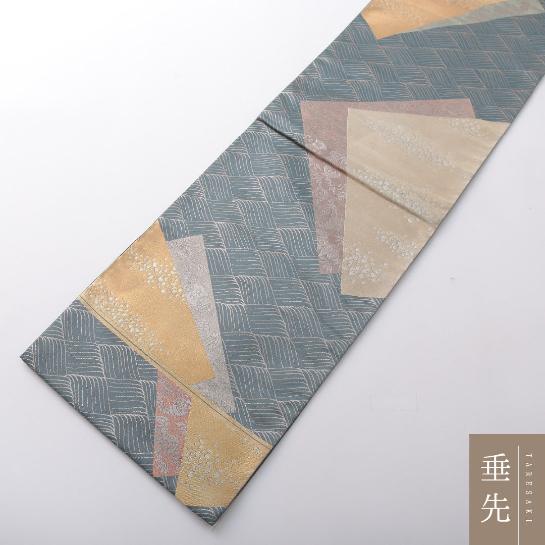 袋帯 帯丈436cm フォーマル 六通 Sランク 正絹 創作柄 青系 1223-02070