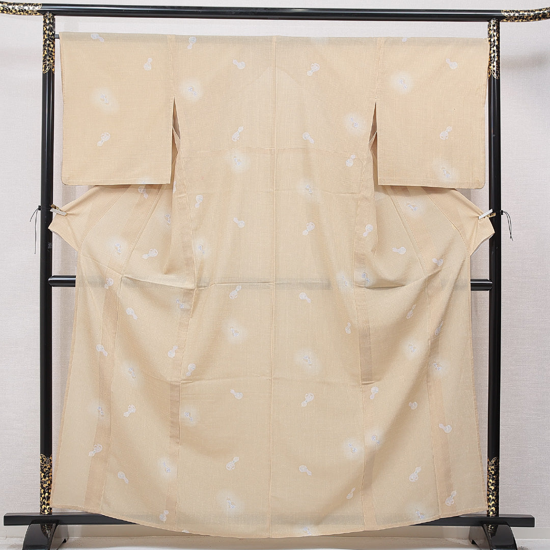 紬 単衣 身丈161cm 裄丈67cm 正絹 Cランク Lサイズ 広衿 カジュアル 染紬 瓢箪 クリーム系 1216-15676