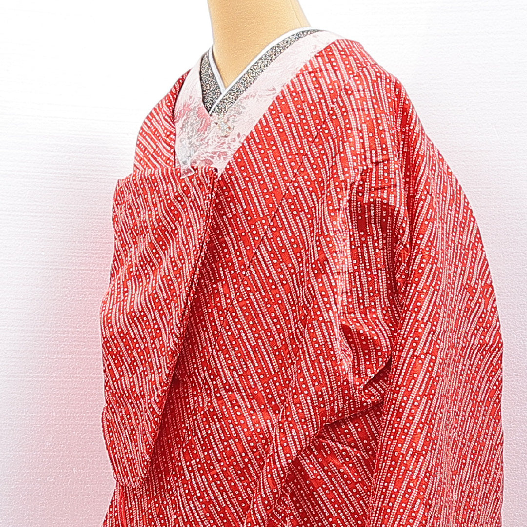 未使用品 洗える着物 道中着 袷 身丈79cm 裄丈65cm ポリエステル Nランク カジュアル Mサイズ 鹿の子柄 赤系 RP 1236-16810