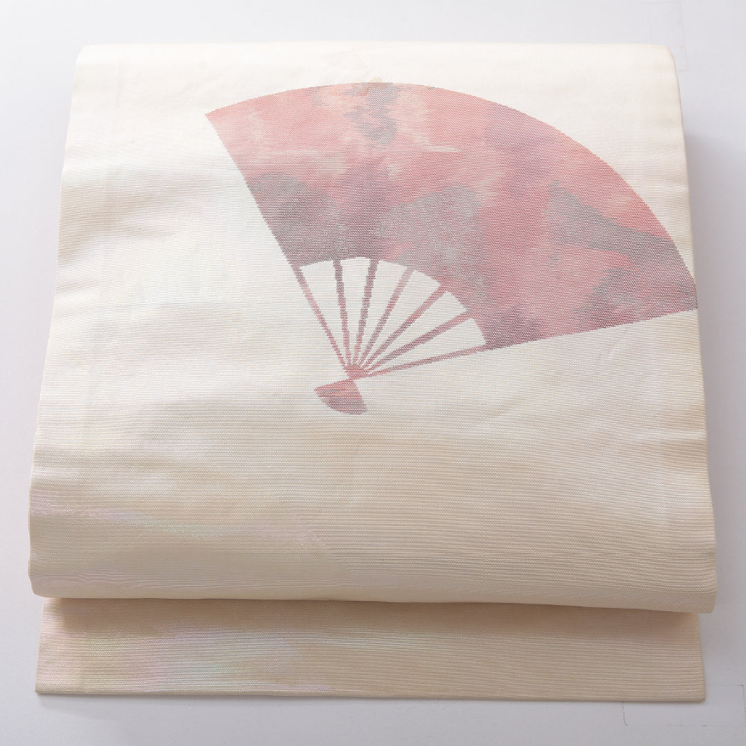 九寸名古屋帯 帯丈355cm セミフォーマル 名古屋仕立て ポイント柄 Bランク 正絹 引箔 扇 クリーム系 1224-03906