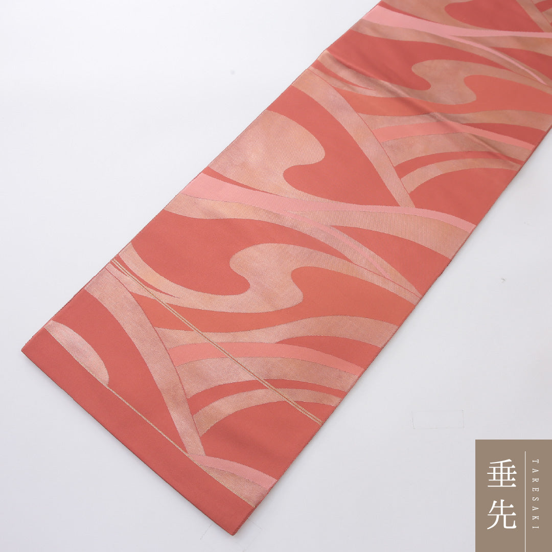 袋帯 帯丈436cm 正絹 六通 帯芯なし セミフォーマル 綴れ織 創作柄 ピンク系 1243-02199