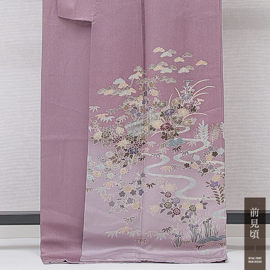 訪問着 袷 身丈172cm 裄丈63cm 正絹 Cランク セミフォーマル バチ衿 2XLサイズ 菊 笠松 紫系 HP 1217-15195