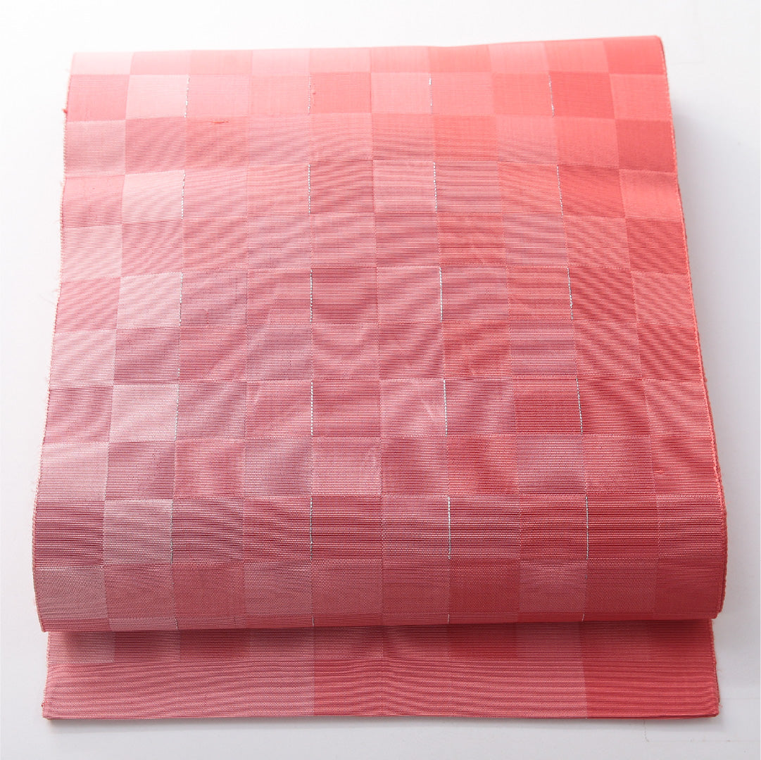 八寸名古屋帯 帯丈376cm カジュアル 開き仕立て 全通 Cランク 正絹 市松 ピンク系 1224-03793