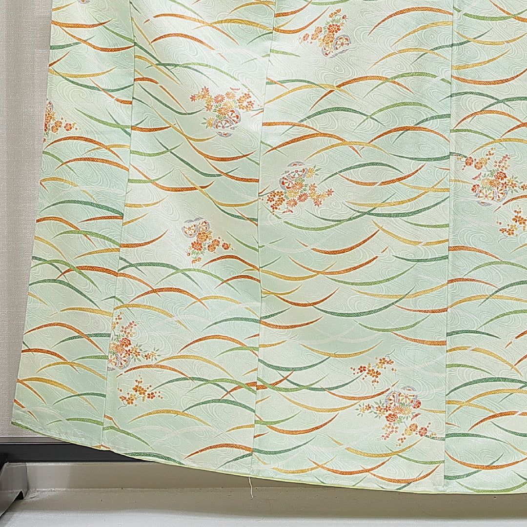 小紋 洗える着物 袷 身丈162cm 裄丈61cm ポリエステル Bランク Lサイズ 広衿 インフォーマル 源氏車 菊 緑系 1215-15806