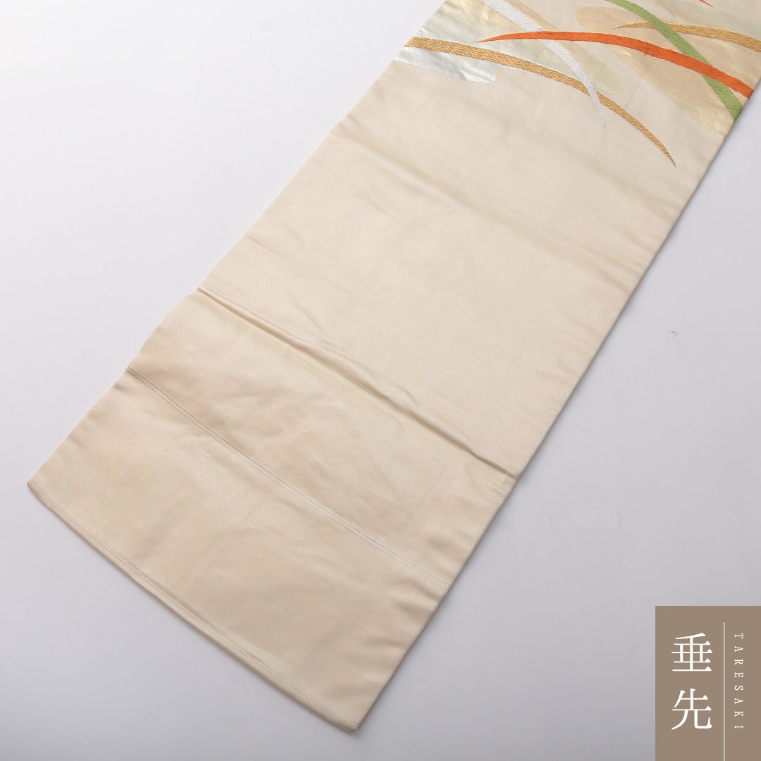 九寸名古屋帯 Aランク 帯丈341cm 正絹 ポイント柄 名古屋仕立て 織り セミフォーマル 流水 蘭 黄系 RP 1245-03565